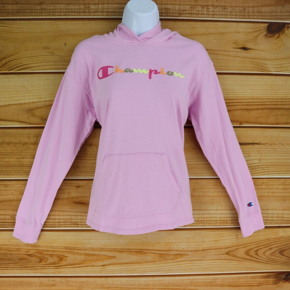 Champion Sweatshirt Hoodie Colorful Logo Womens Size S Pink Pockets‎ 100% Cotton
